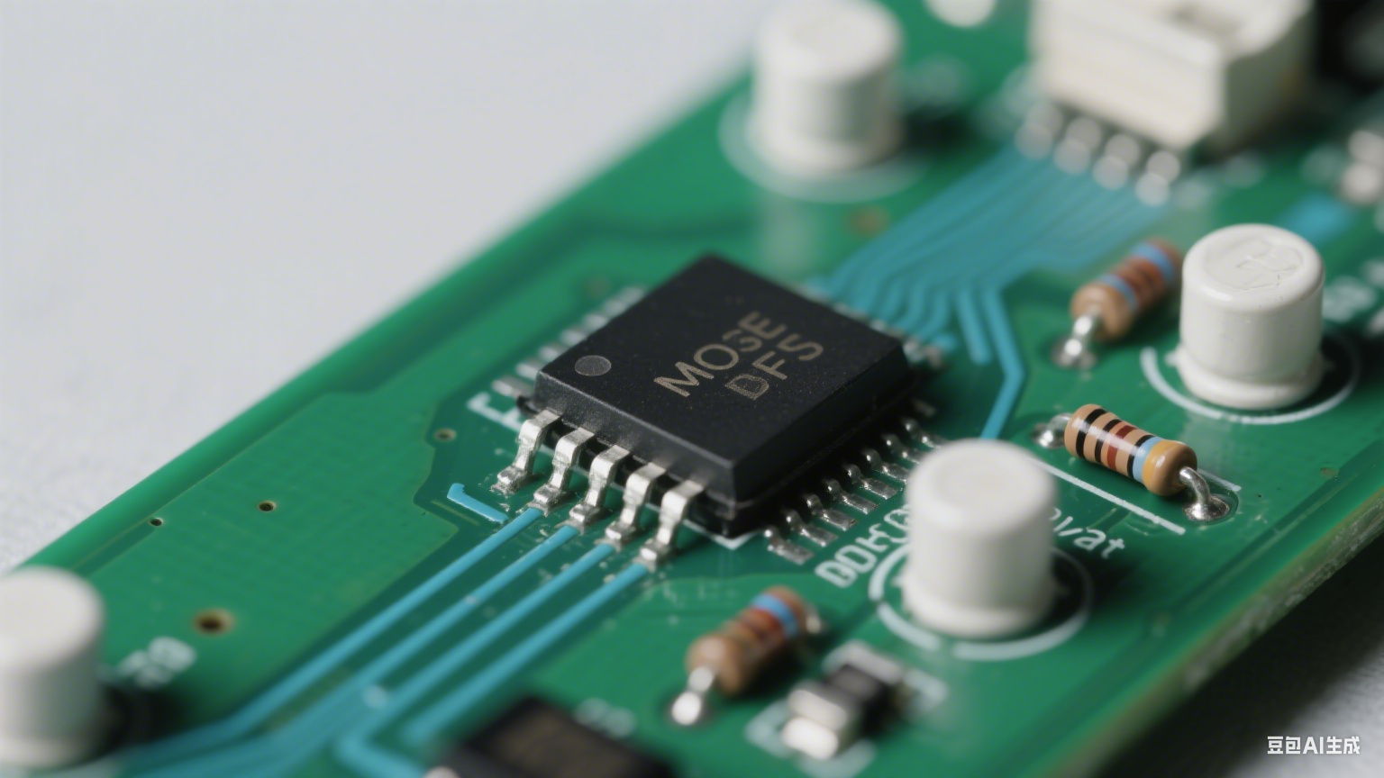 多層 PCB 剖面：深綠基材與銀灰電源 / 接地層交替，超短回路連接 SiC 管與電容，密集鍍銀散熱過孔，冷白光下顯緊湊高效