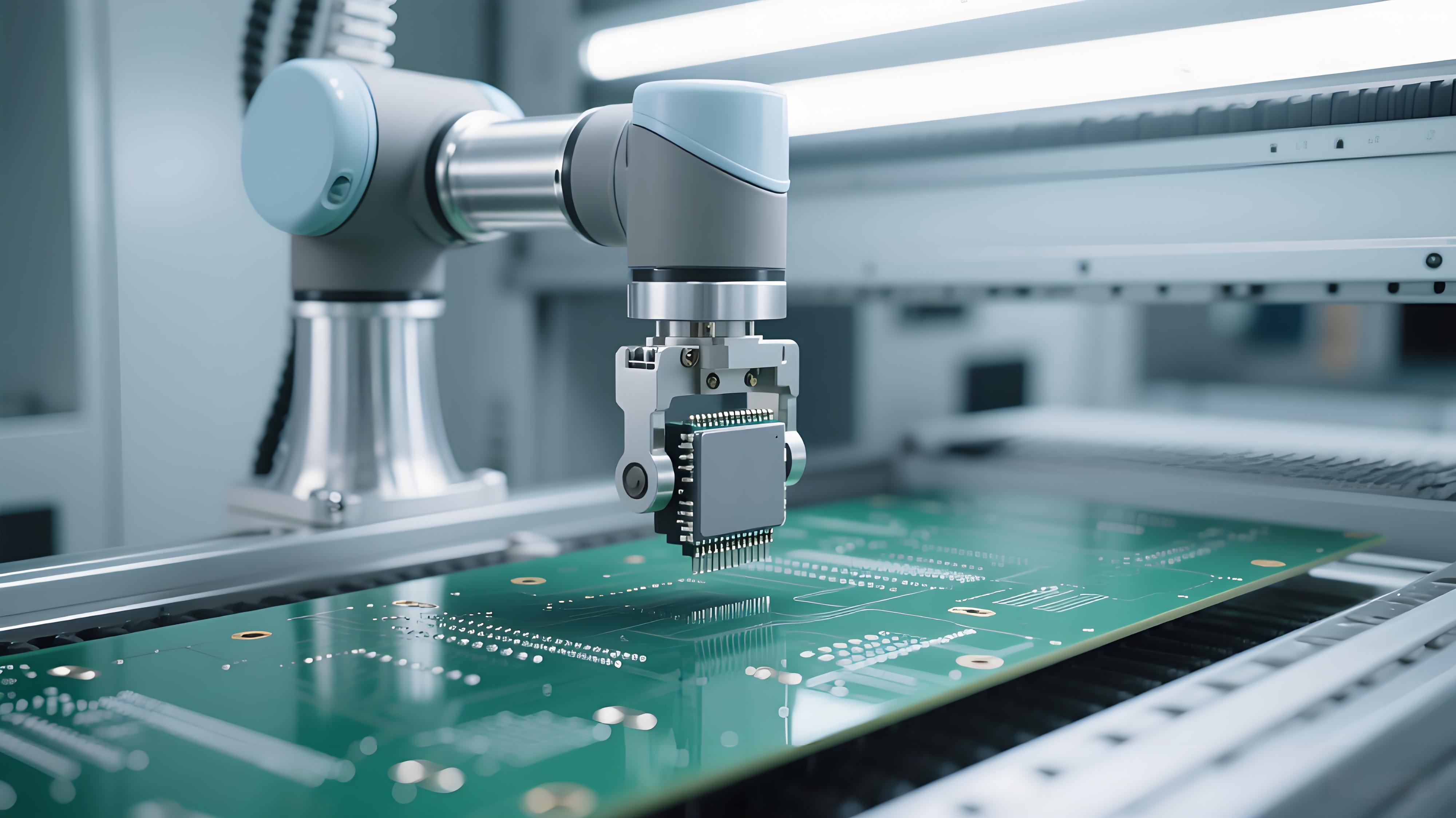 自動(dòng)化插裝系統(tǒng)中機(jī)械臂為PCB板安裝電子元件的場(chǎng)景 自動(dòng)化插裝系統(tǒng)中機(jī)械臂為PCB板安裝電子元件的場(chǎng)景