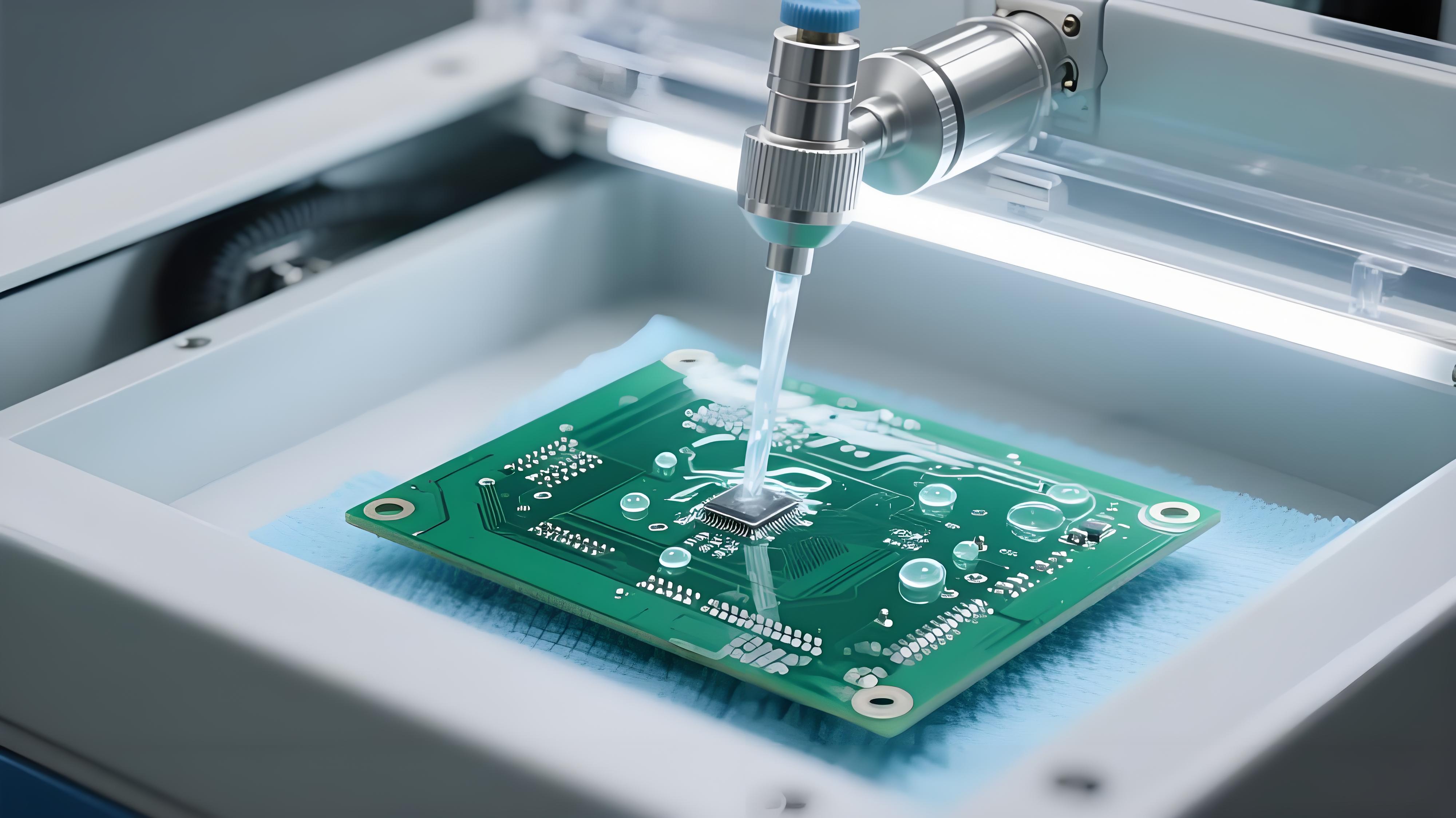 THR工藝助焊劑殘留清潔 銀色噴嘴噴清潔液 深綠色PCB透明殘留溶解