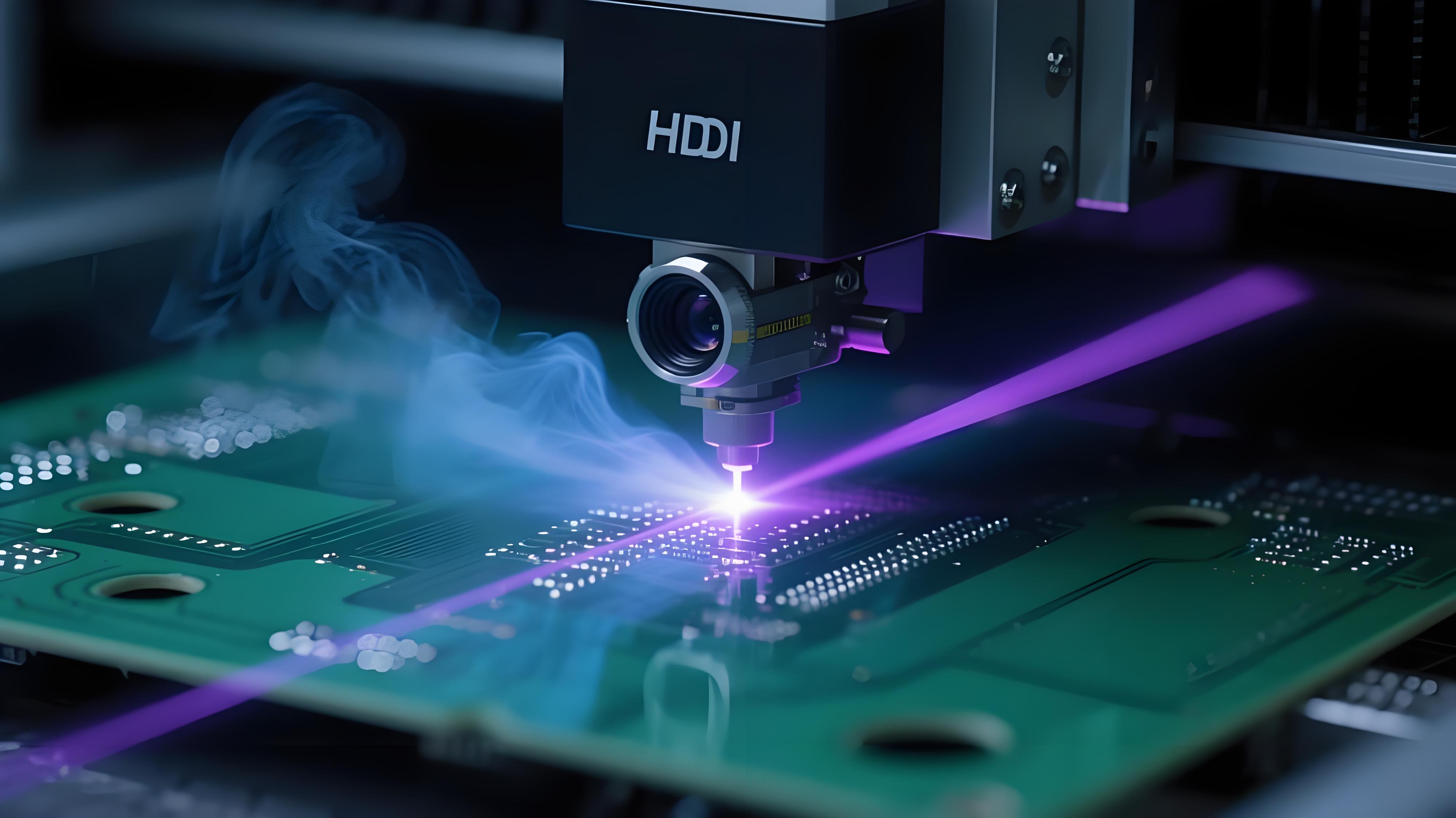 紫外激光鉆孔機在HDI板上進行微孔加工，激光光束聚焦