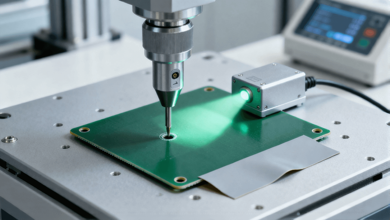 PCB沉頭孔壓力感應技術加工場景，淡綠色光影反饋鉆削阻力變化