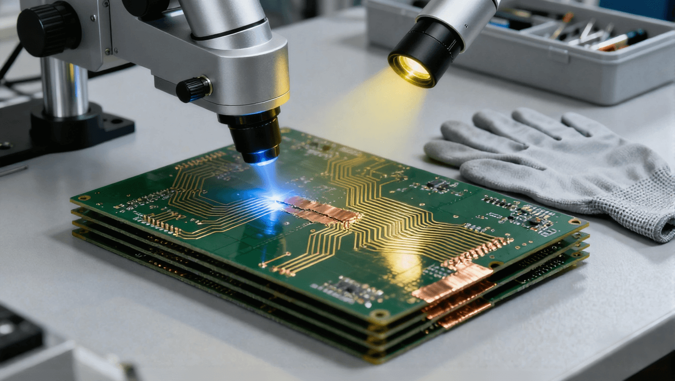PCB 線路缺陷激光修復(fù)場景，淡藍(lán)色微光束微米級切除多余銅箔修復(fù)短路