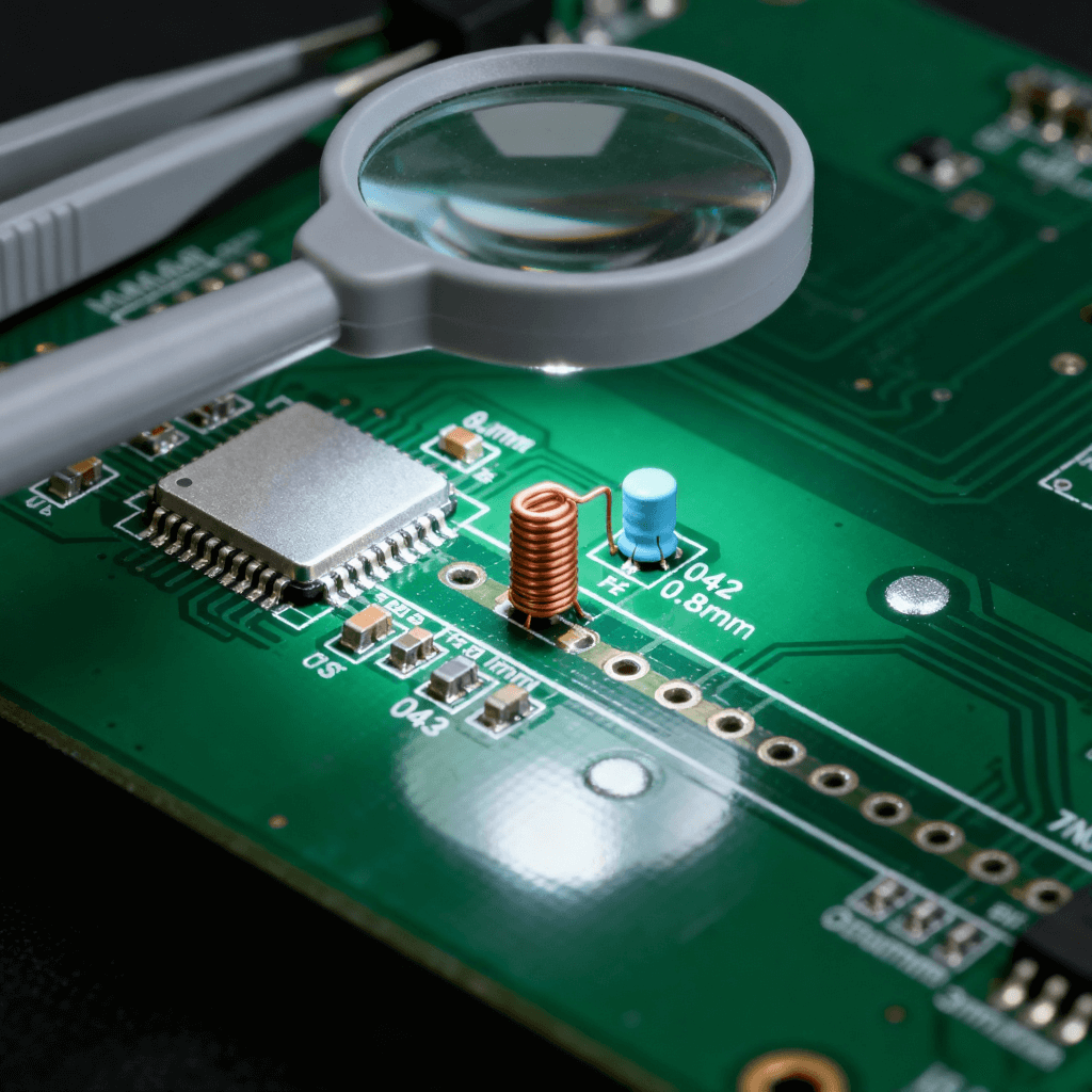 射頻前端 PCB 無源元件布局場景，匹配元件貼近芯片 + 饋電電感垂直放置 + 饋點凈空