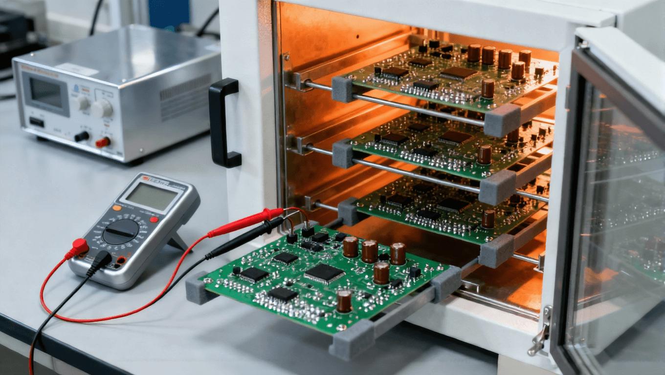 PCB高溫老化測試 可編程高溫箱 綠色PCB板 萬用表連接測試 PCB高溫老化測試 可編程高溫箱 綠色PCB板 萬用表連接測試