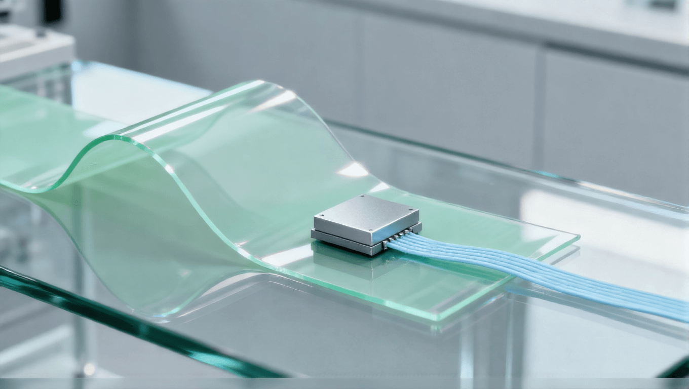 未來(lái)柔性基板封裝，淡綠色柔性基板與微型三維芯片