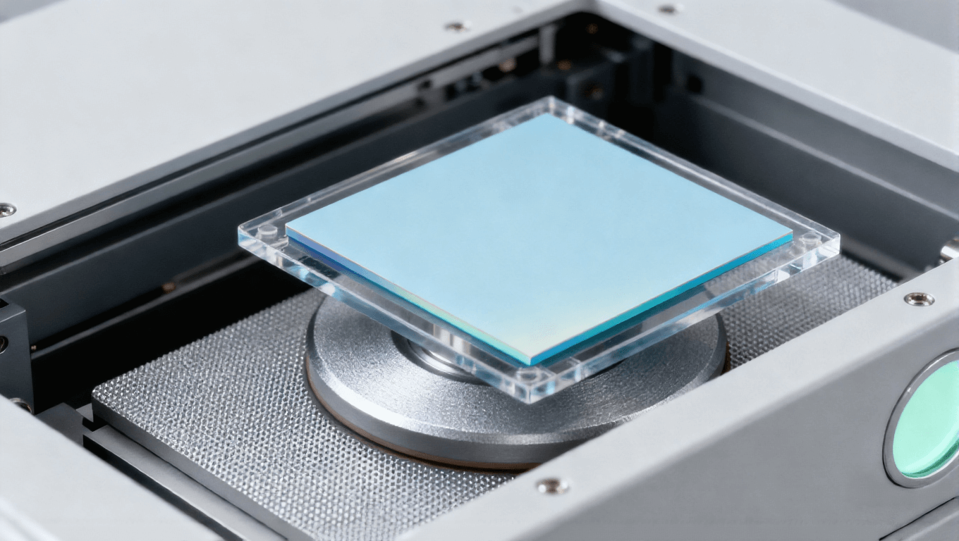 芯片減薄工藝，淡藍(lán)色芯片與研磨頭，減薄設(shè)備內(nèi)部場(chǎng)景