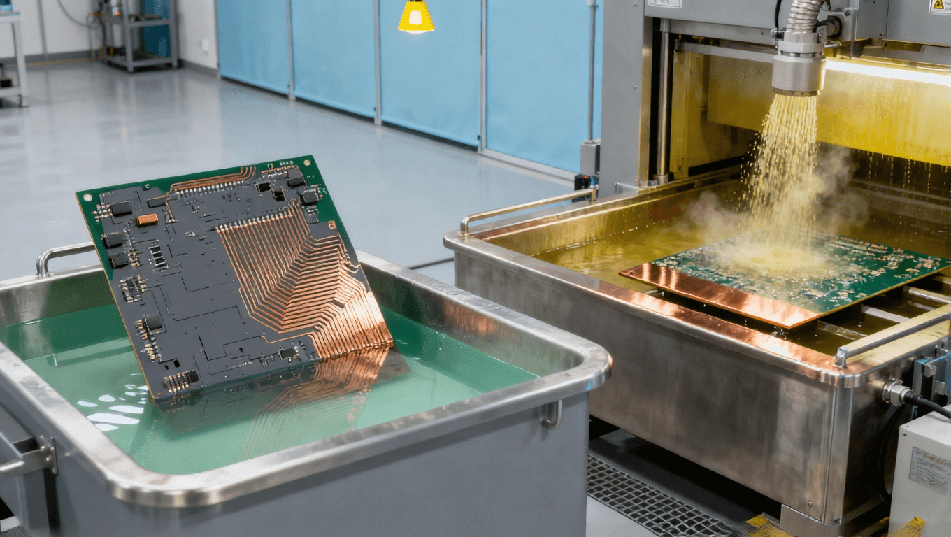 汽車電子高端PCB的mSAP工藝制造場(chǎng)景，展示電鍍槽、差分蝕刻設(shè)備及PCB基板，車規(guī)級(jí)PCB生產(chǎn)環(huán)境