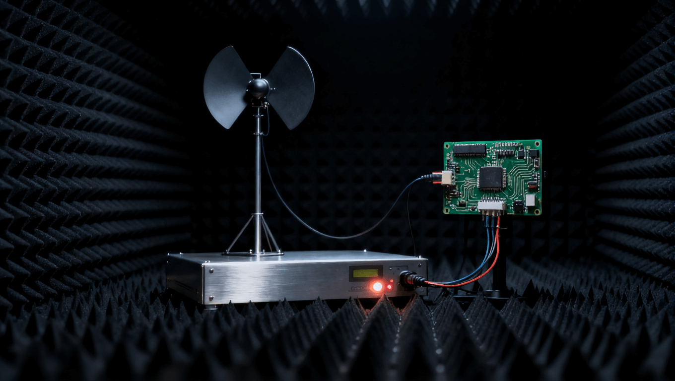 電路板電磁兼容性測試場景，在屏蔽暗室中評估輻射發(fā)射與抗干擾能力