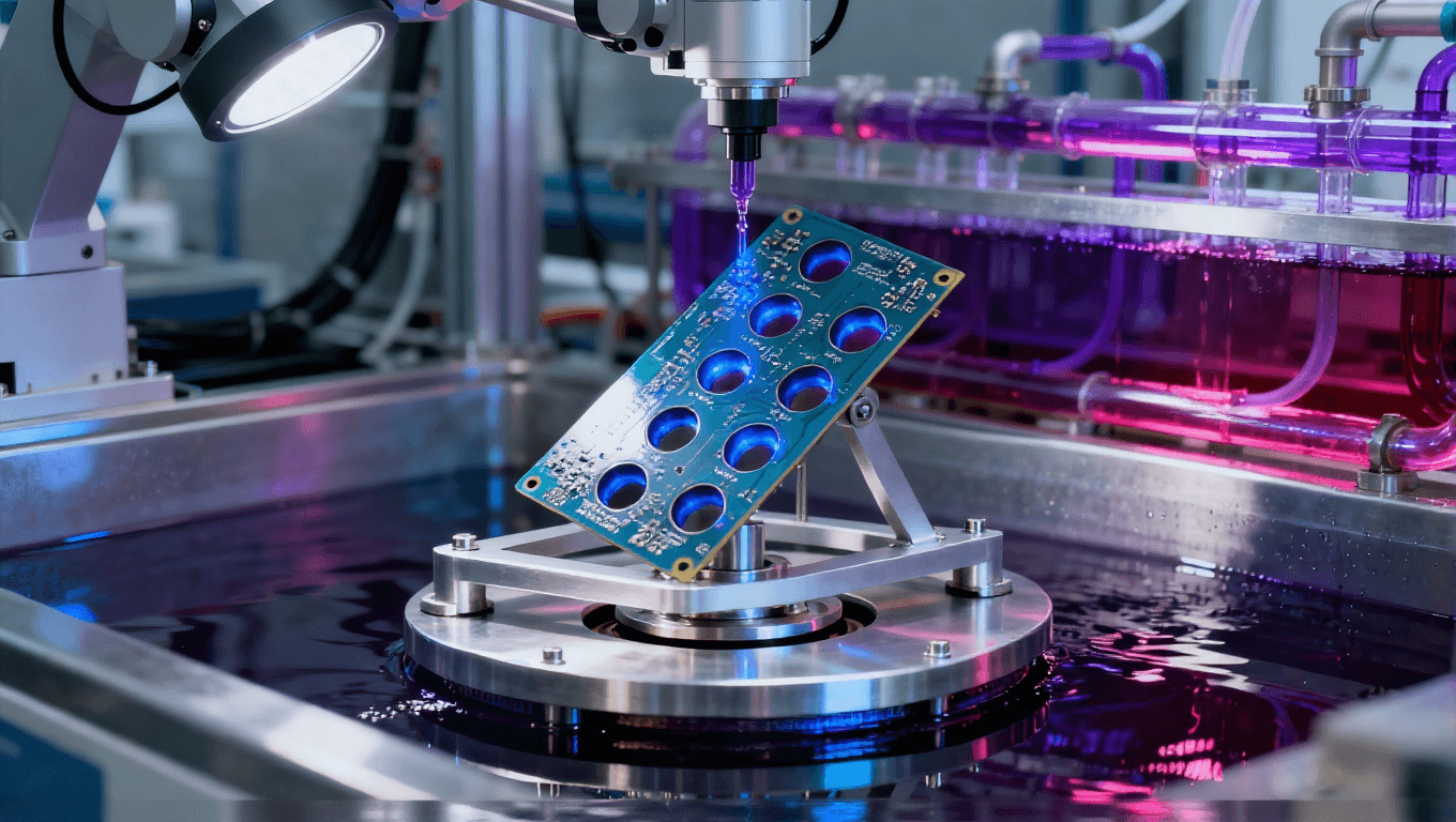 現(xiàn)代化實(shí)驗(yàn)室中的水平電鍍設(shè)備特寫，展示精密PCB電鍍工藝  