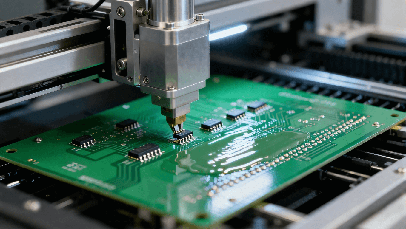 自動(dòng)化貼片機(jī)機(jī)械臂抓取元器件，對(duì)準(zhǔn)綠色 PCB 焊盤的 SMT 貼裝工序，焊盤涂有高亮焊膏.png