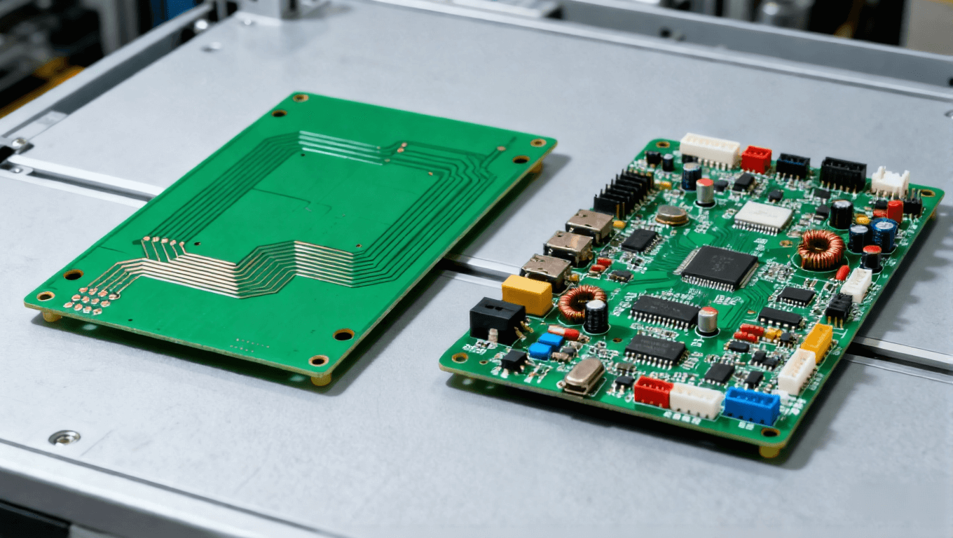 左側(cè)綠色 PCB 空板、右側(cè)集成元器件的 PCBA 組件，并列擺放的電子制造對(duì)比展示