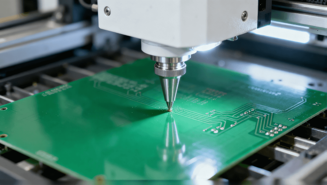 數(shù)控鉆孔設(shè)備對(duì)綠色 PCB 基板進(jìn)行鉆孔，冷白光聚焦鉆孔點(diǎn)的工業(yè)加工場(chǎng)景