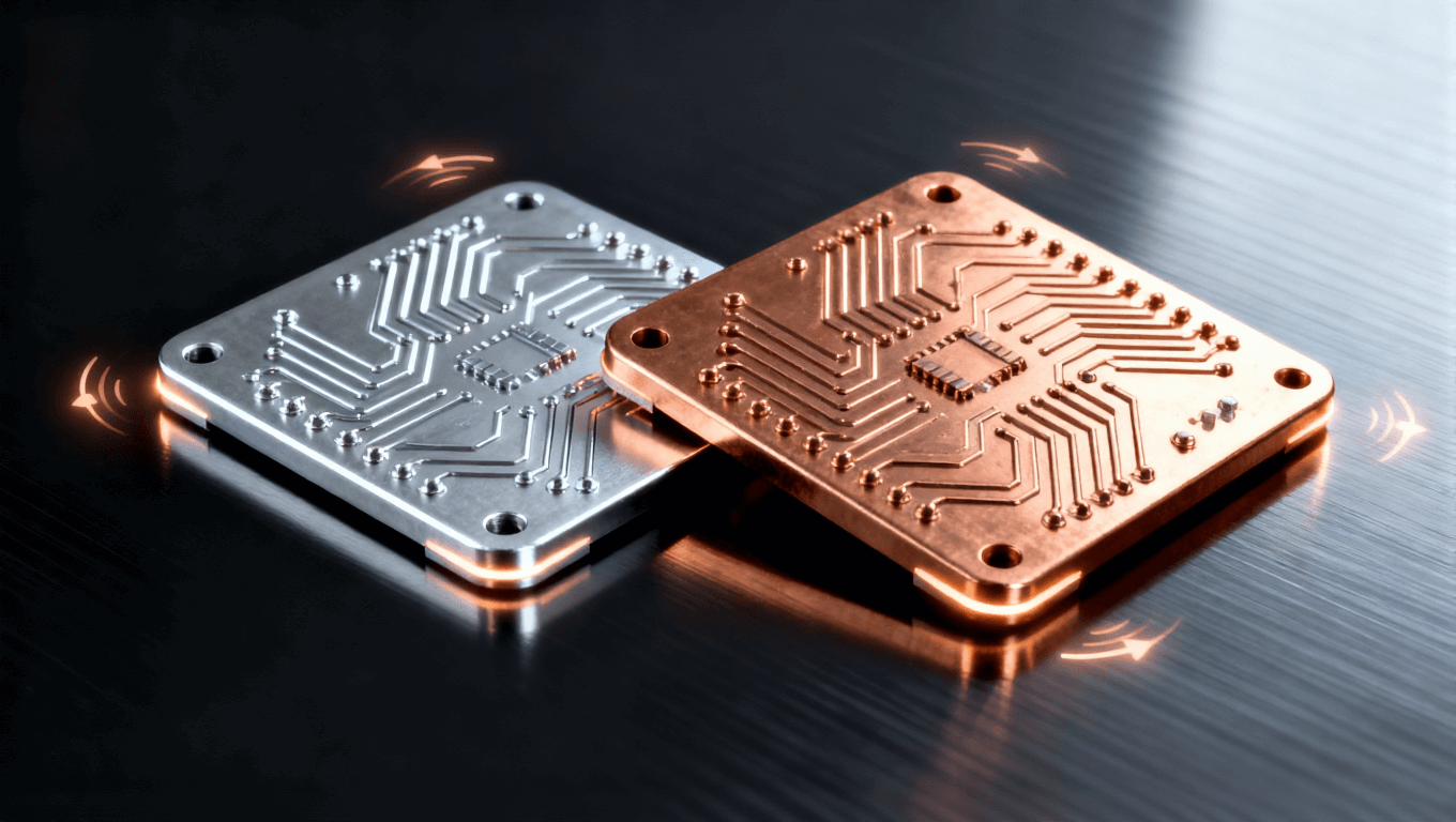 鋁基與銅基電路板放置在光滑黑色表面上，反射光澤，細致的金屬紋理，熱流符號微光環(huán)繞