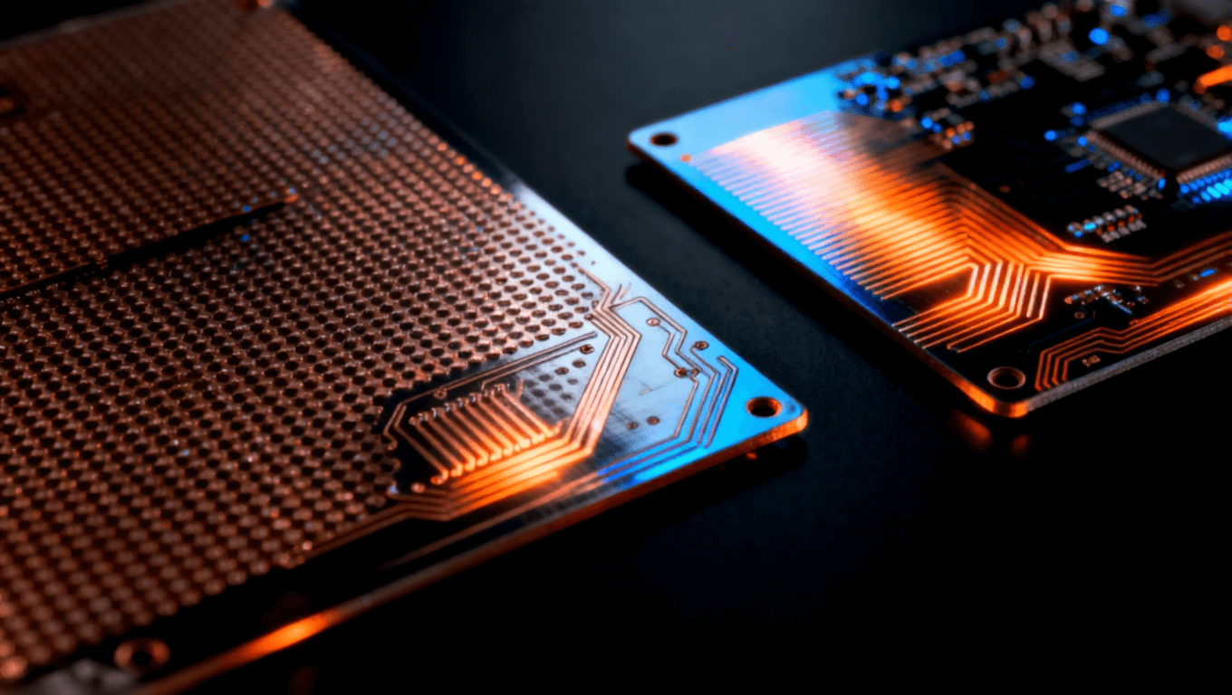 羅杰斯RO4003C與RO4350B電路板特寫，金屬光澤，精細銅線與熱散發(fā)圖案，橙藍微光效果