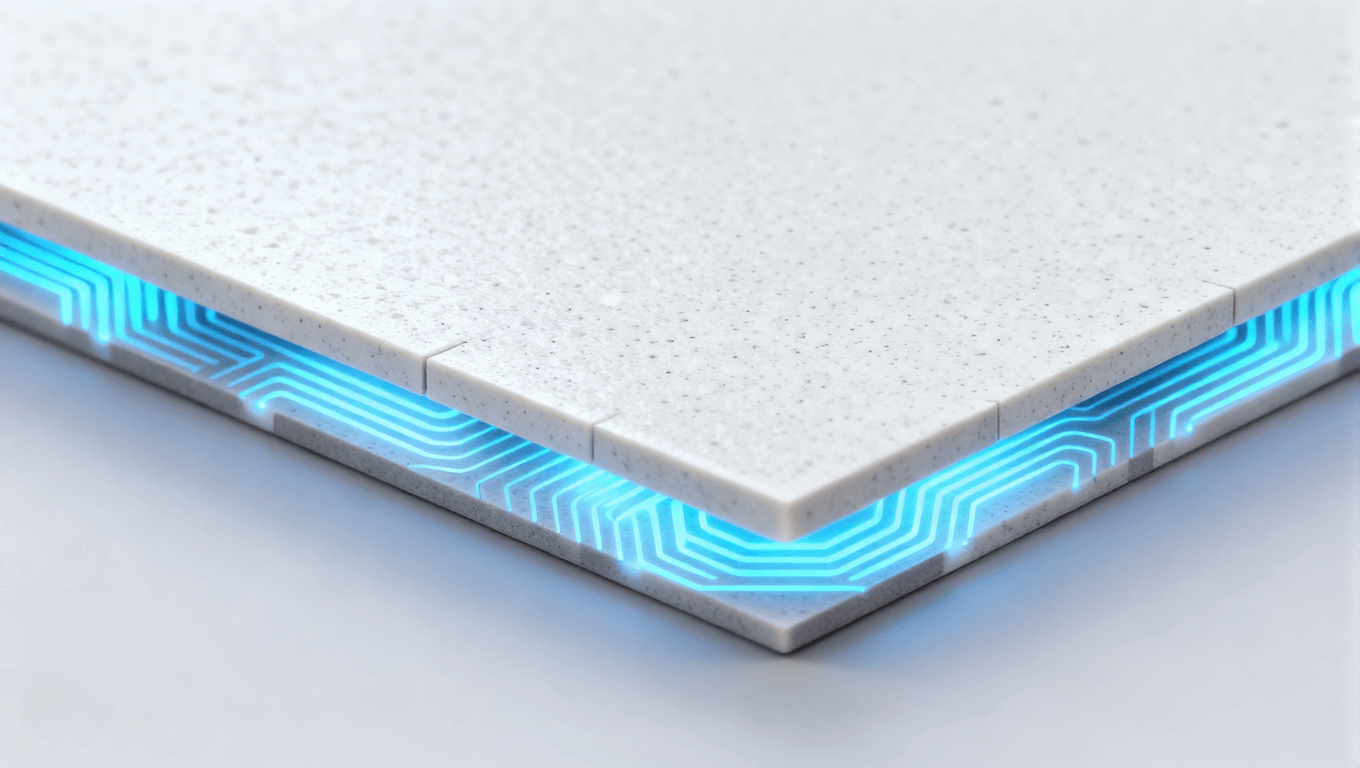 高端陶瓷電路板材料，細膩質(zhì)感，輕微發(fā)光，白色與灰色調(diào)，精準切割邊緣，藍色散熱圖案