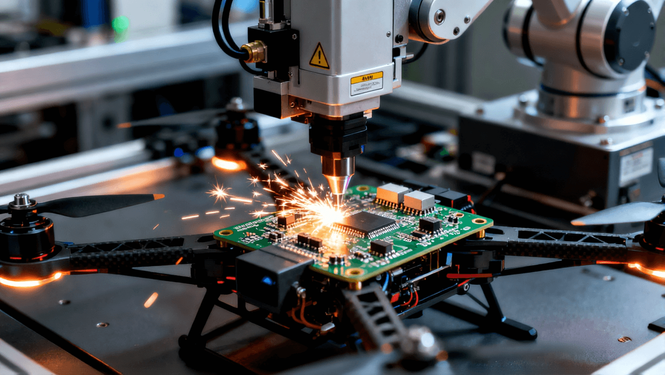 無人機(jī)電路板自動(dòng)化激光焊接制造工藝現(xiàn)場(chǎng)