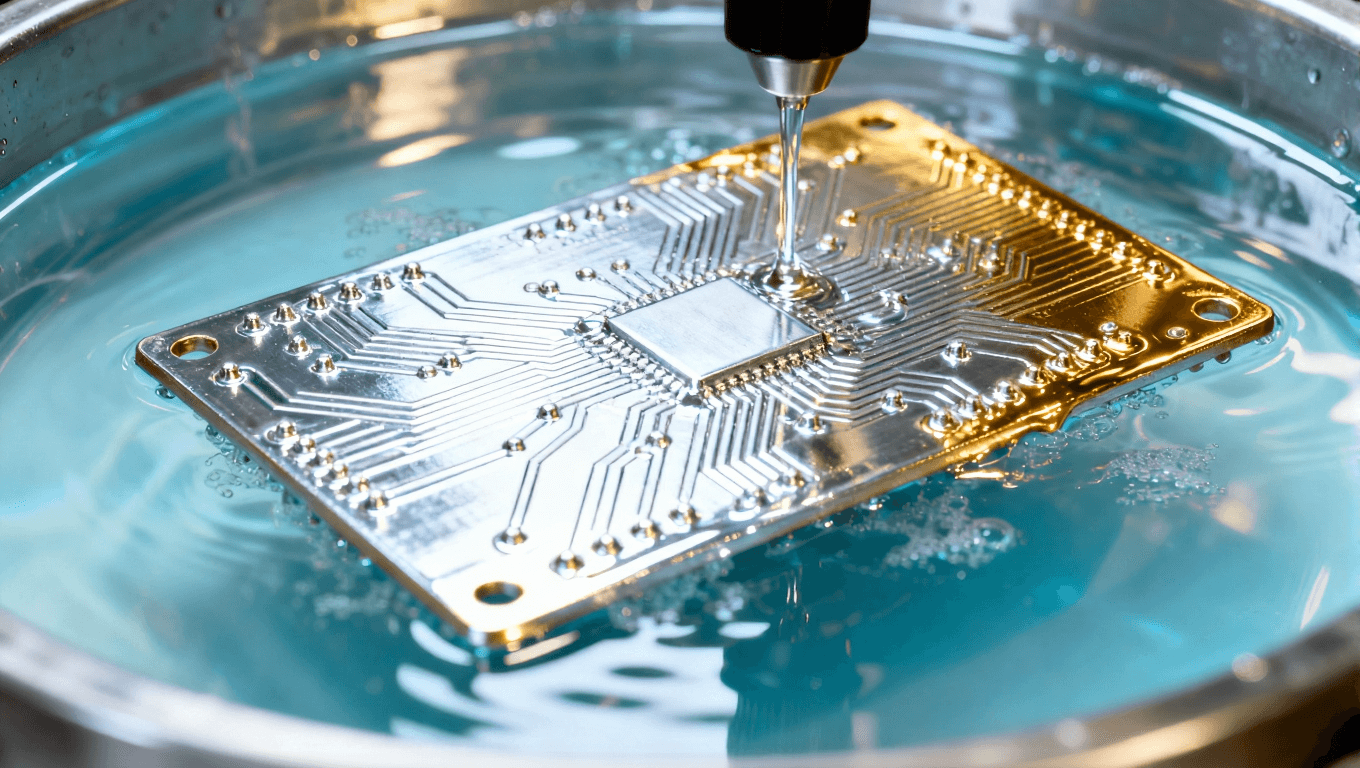 電路板鍍鎳金過程中的細節(jié)，顯示鍍層的均勻性與光澤