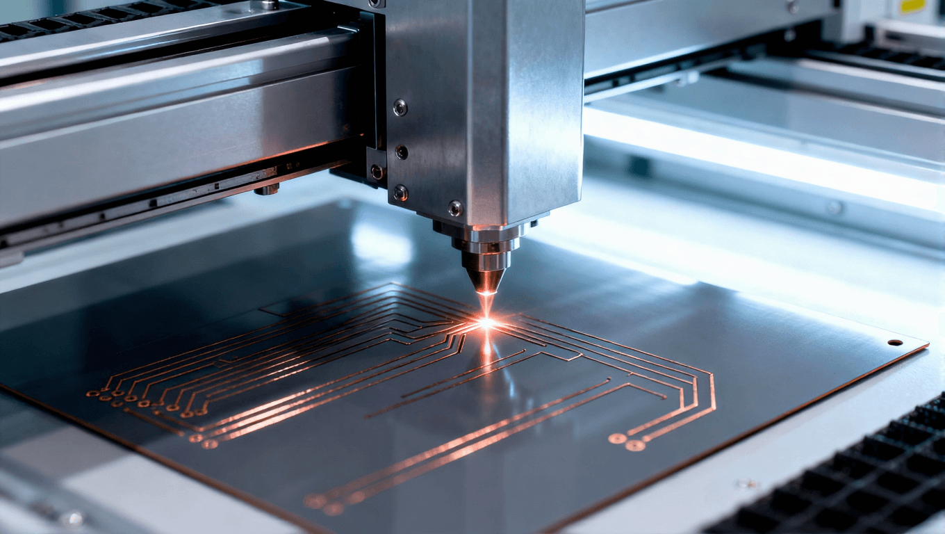 無塵車間內(nèi) 激光束蝕刻 PCB 板走線的工業(yè)場景 無塵車間內(nèi) 激光束蝕刻 PCB 板走線的工業(yè)場景