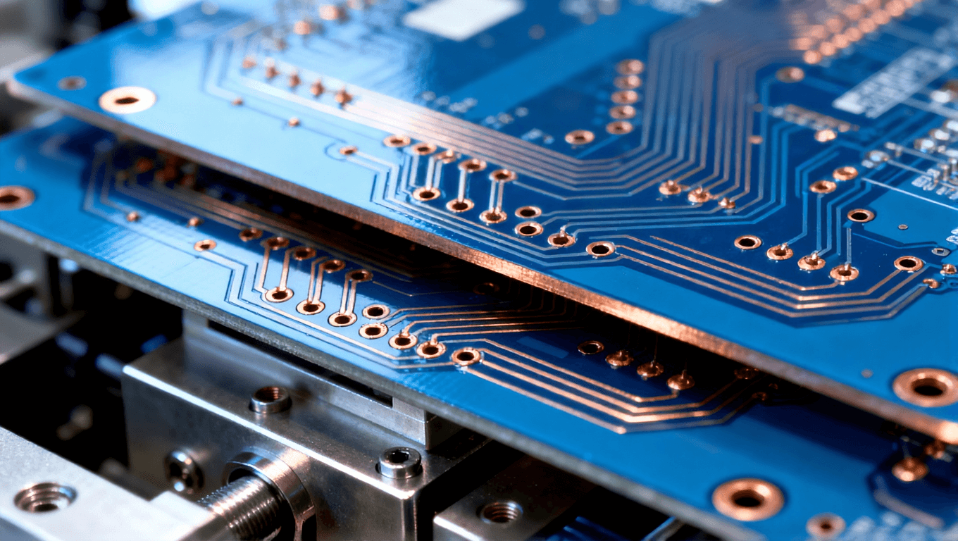 高精度PCB，展示復(fù)雜的銅鍍層和層間連接，突顯制造過(guò)程中的精密細(xì)節(jié)