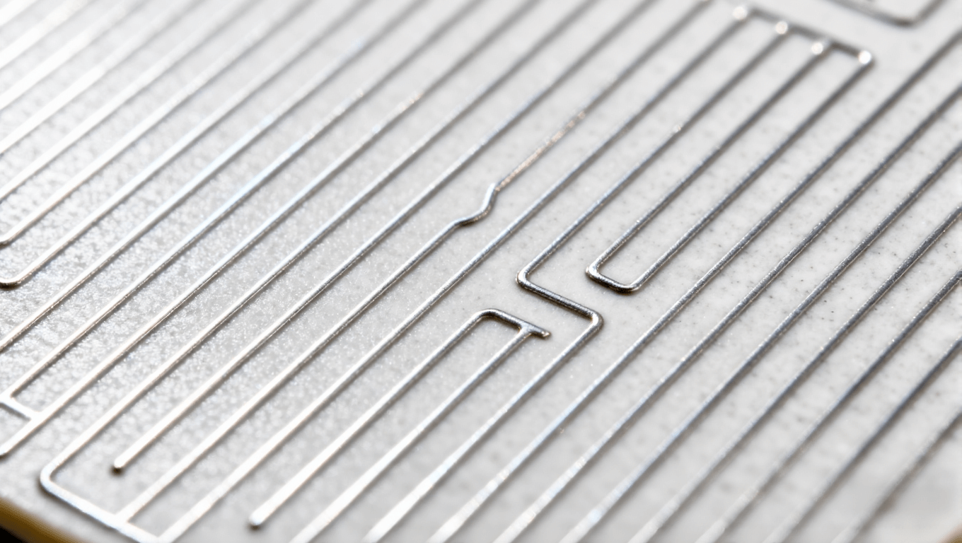 淺灰色陶瓷基板表面分布著間距一致的10-20μm超精細銀灰色金屬線路 淺灰色陶瓷基板表面分布著間距一致的10-20μm超精細銀灰色金屬線路