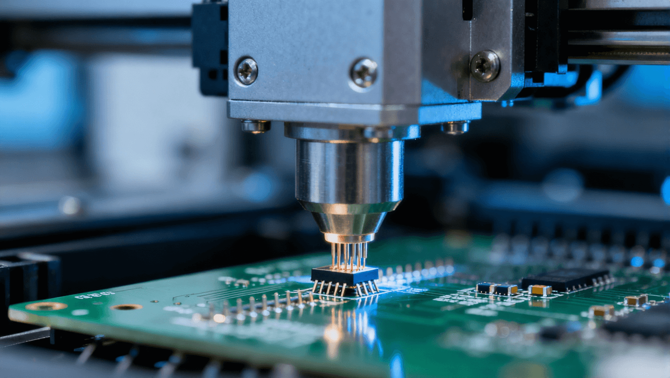 SMT貼裝精度操作場景，表現(xiàn)電子制造中元件貼裝的精準把控，提升焊接良率的關鍵步驟