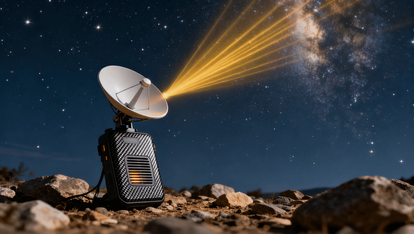 便攜衛(wèi)星通信終端在星空下發(fā)射金色信號流，體現(xiàn)Ka波段傳輸與戶外環(huán)境適應性