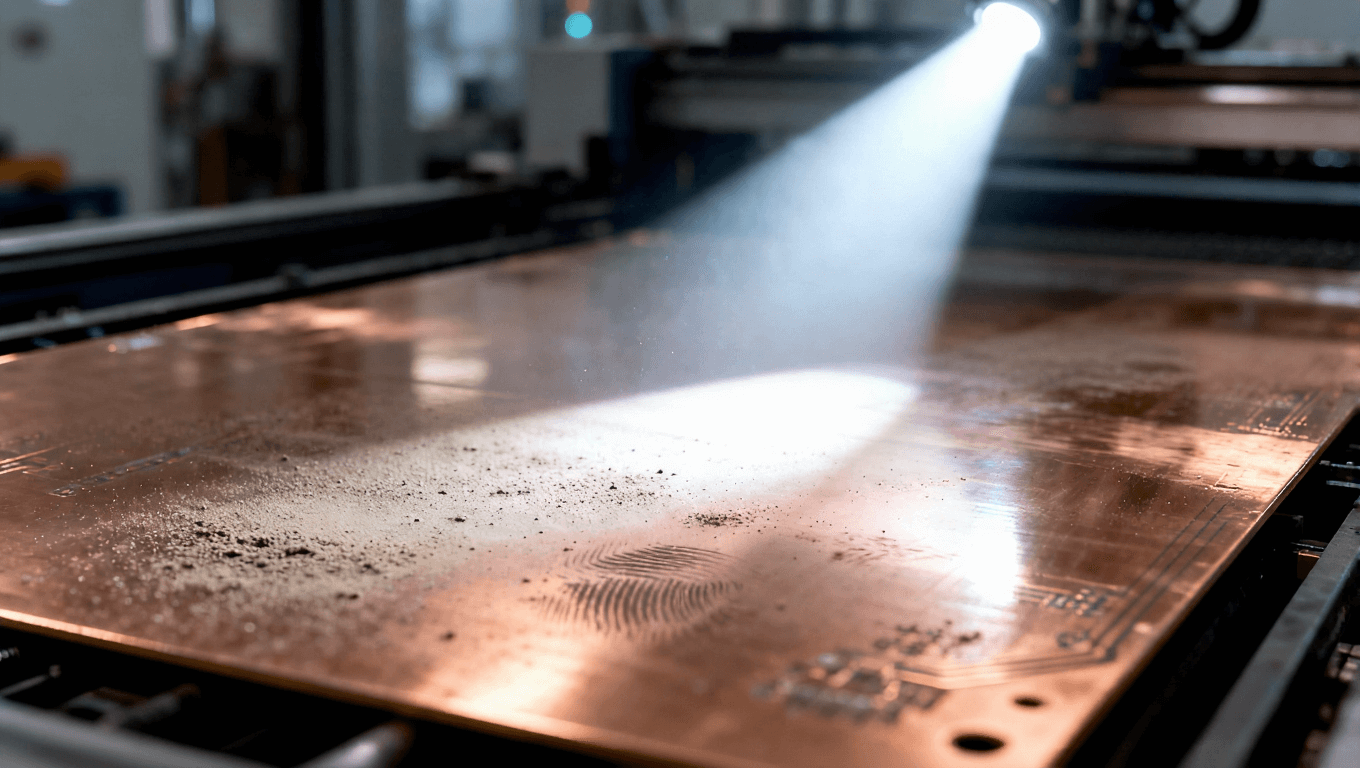 光線照射下PCB基板表面顯現(xiàn)污染物，強調(diào)清潔度對阻焊附著力的影響