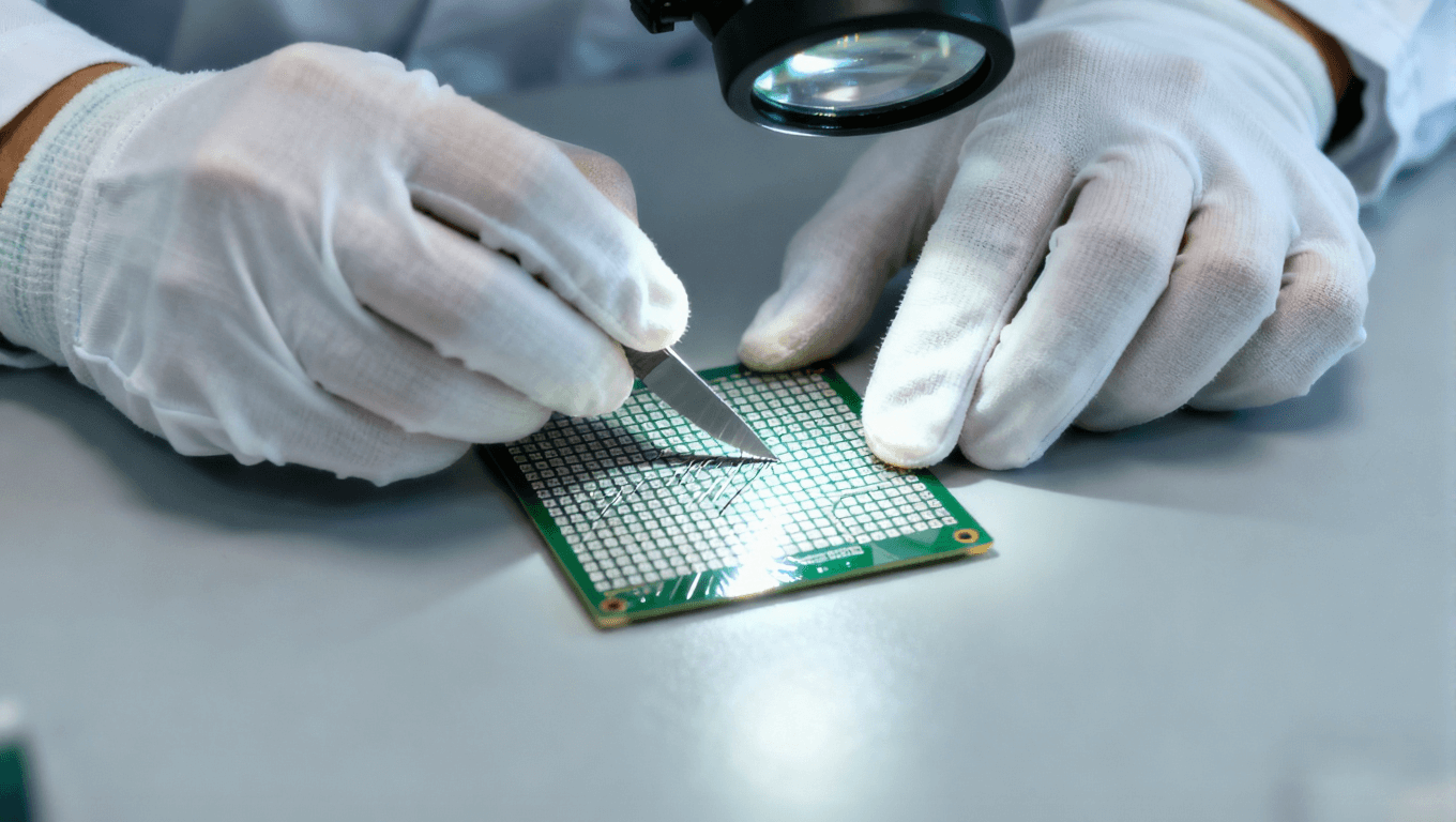 質(zhì)檢員在PCB阻焊層上進行附著力百格測試的特寫鏡頭