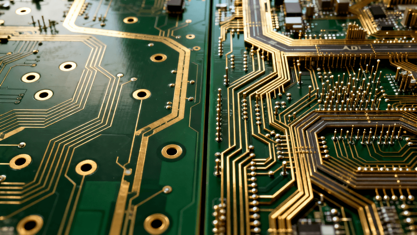 高密度互連HDI布線在AI服務(wù)器PCB中的應(yīng)用，對比普通PCB寬松布局，突出精密排布與空間優(yōu)化