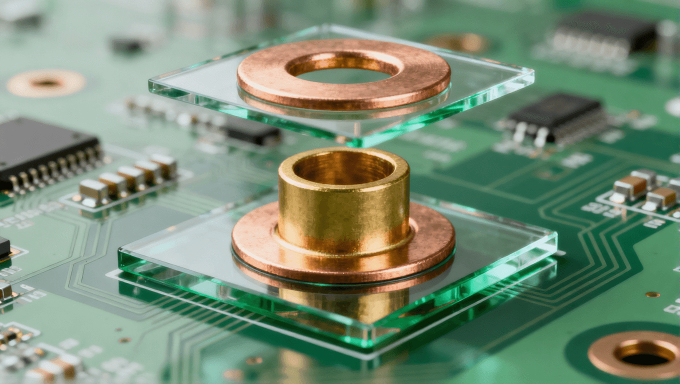 PCB過(guò)孔圖，分解展示孔壁、焊盤和阻焊層三要素