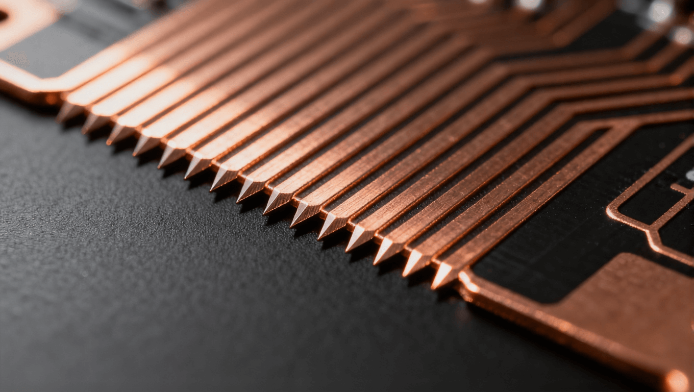 高密度PCB線路微觀視圖，展示精細(xì)線寬與間距控制，適用于HDI板和5G設(shè)備應(yīng)用