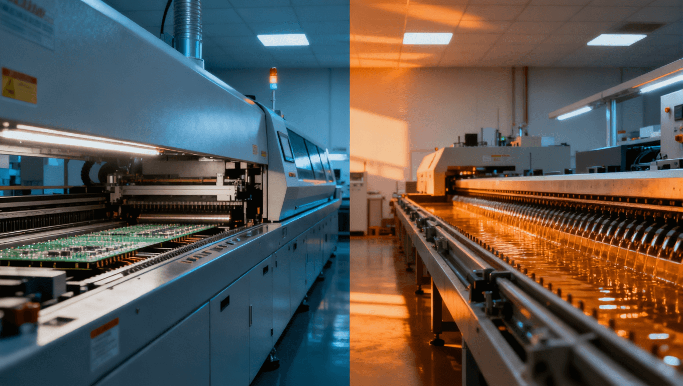 回流焊與波峰焊設(shè)備結(jié)構(gòu)對比示意圖，象征兩種工藝的成本與精度差異