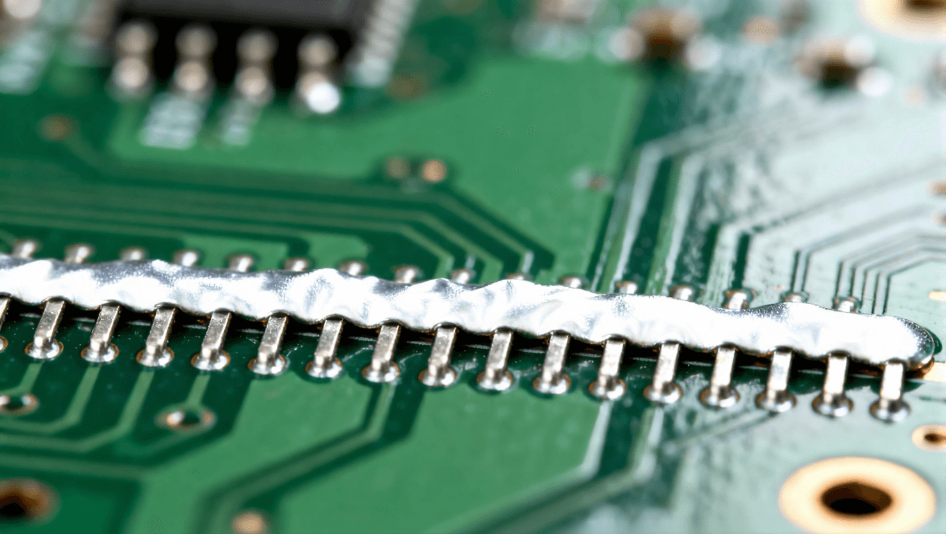 波峰焊后焊橋與橘皮效應(yīng)缺陷特寫，表現(xiàn)宏觀焊接質(zhì)量問題