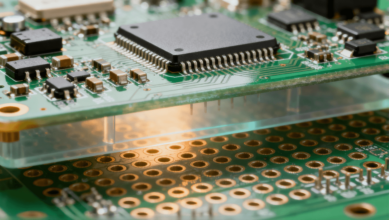 雙面混裝PCBA工藝結(jié)構(gòu)示意圖，表現(xiàn)回流焊與波峰焊在同一板上的融合應(yīng)用