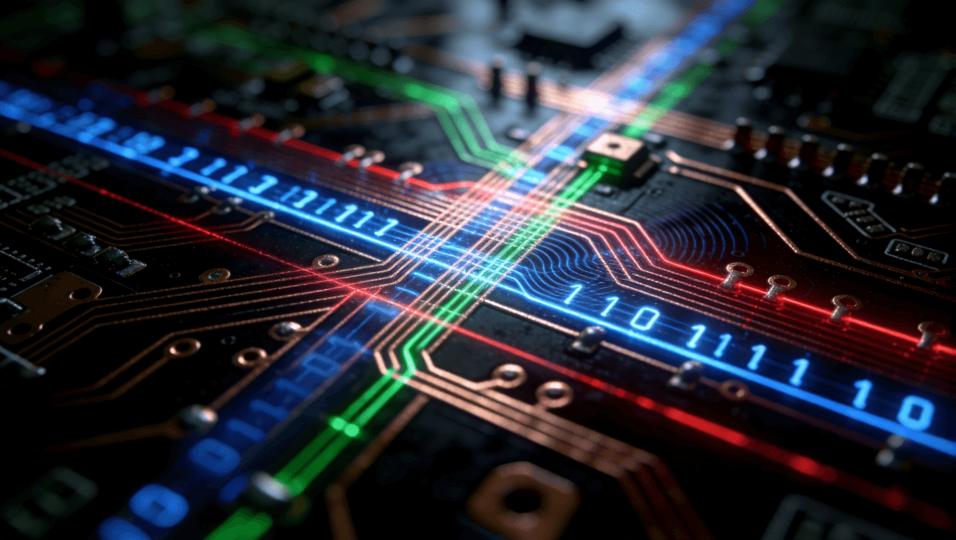 高密度布線中信號(hào)串?dāng)_挑戰(zhàn)的微距可視化，展示不同類型電流與電磁干擾