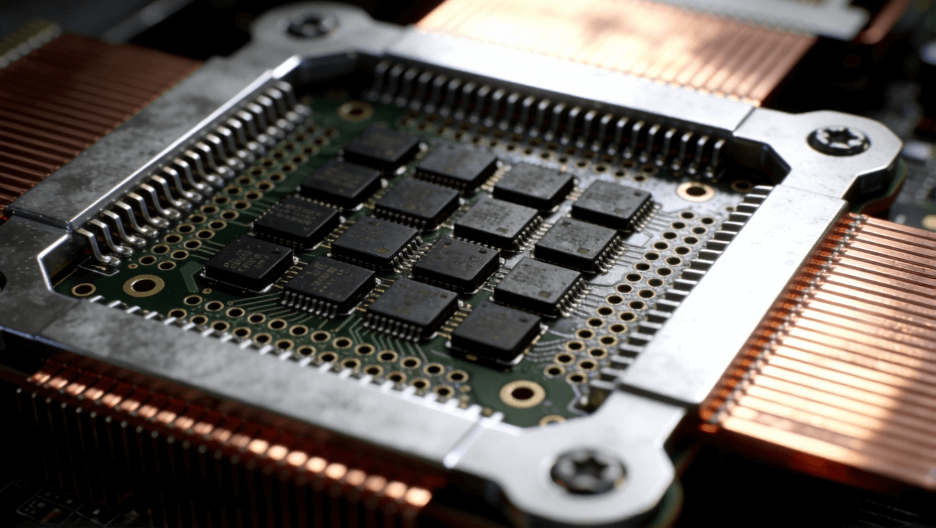 PCB熱管理布局特寫，展示導(dǎo)熱過孔、散熱片與器件分布結(jié)構(gòu)