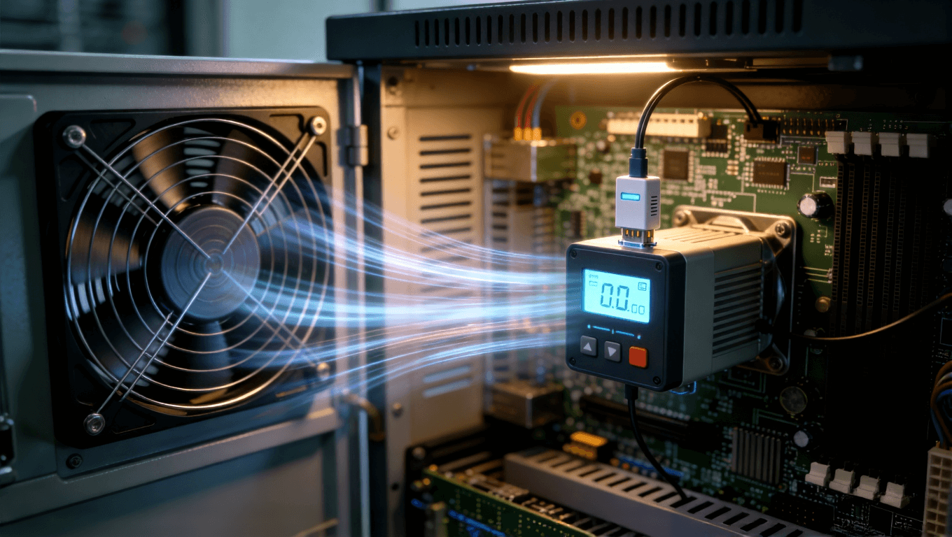 儲能系統(tǒng)智能溫控組件工作示意圖，展示傳感器、控制器與散熱風(fēng)扇聯(lián)動