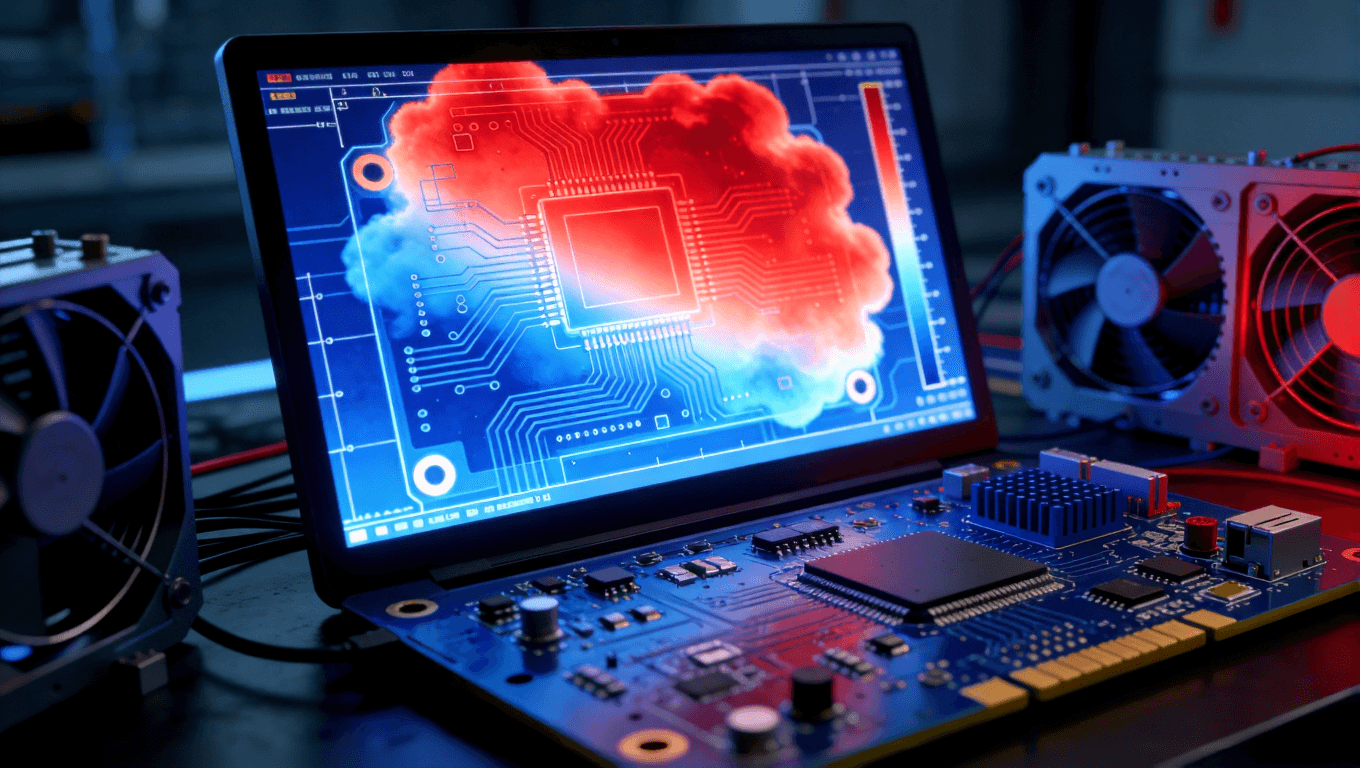 PCB熱仿真溫度分布云圖在電腦界面中的視覺呈現(xiàn)，展示熱點(diǎn)識別與散熱設(shè)計(jì)