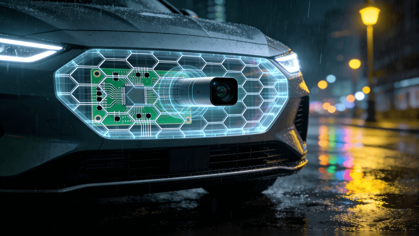 集成于汽車前臉的車規(guī)級(jí)激光雷達(dá)內(nèi)部PCB半透明視覺效果圖