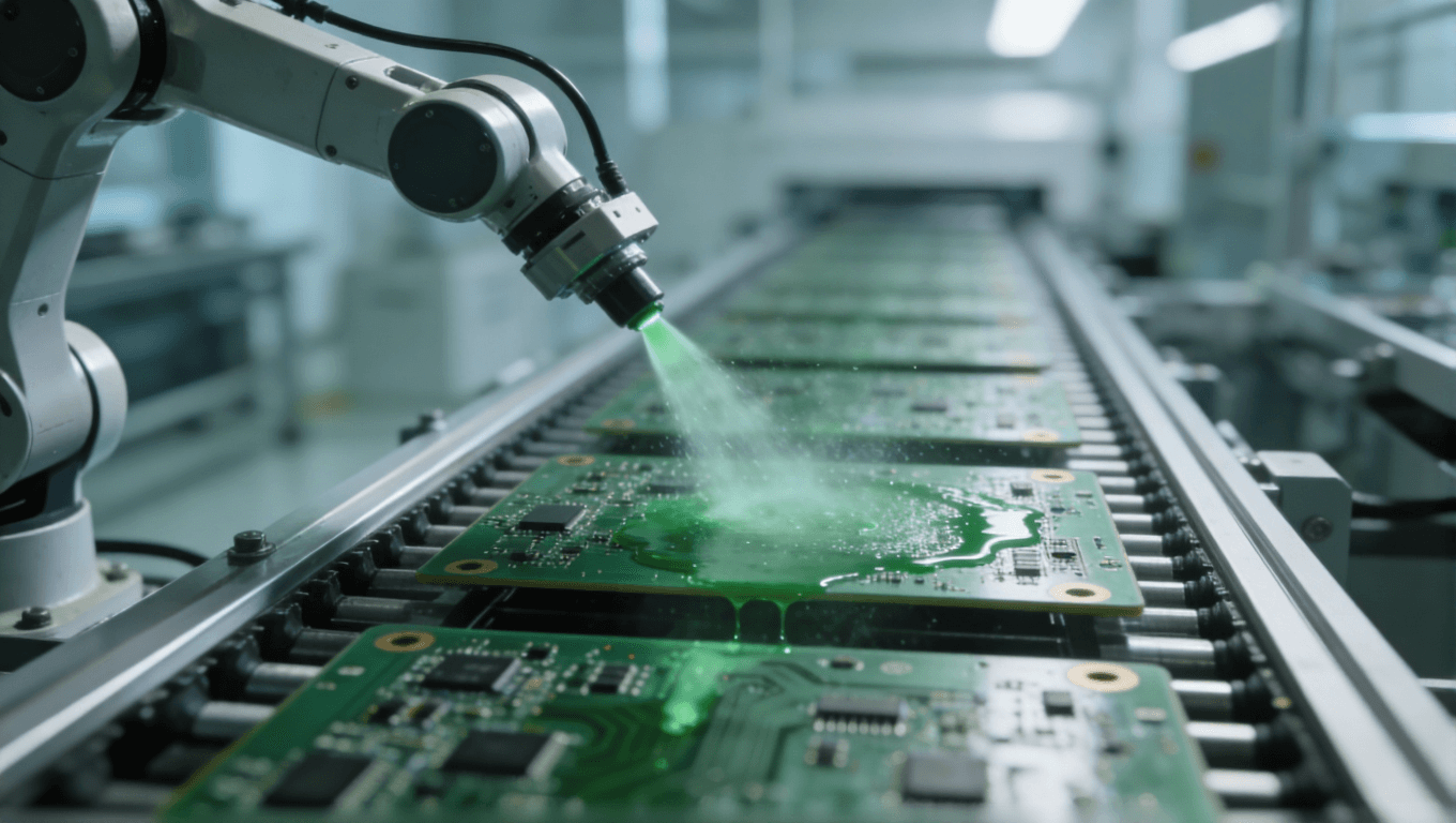 未來工廠中機(jī)械臂為傳送帶上的PCB板噴涂阻焊層的場景，綠色霧狀涂料正在噴涂