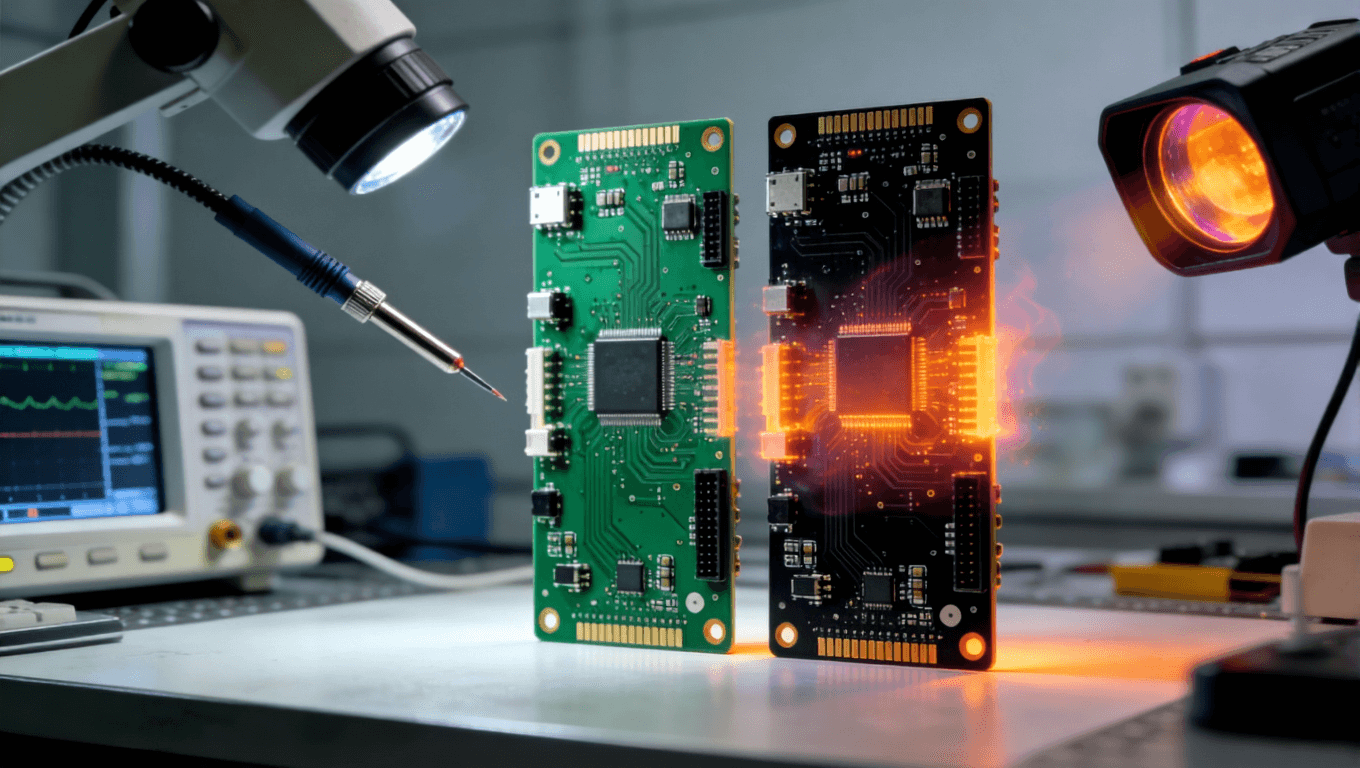 實(shí)驗(yàn)室中綠色與黑色PCB板并排對(duì)比測(cè)試場景，周圍有示波器探頭和熱像儀鏡頭