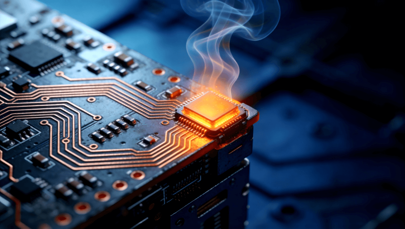 熱電分離金屬基板微距特寫(xiě)，展示高功率電子元件散熱時(shí)熱浪波紋的視覺(jué)效果