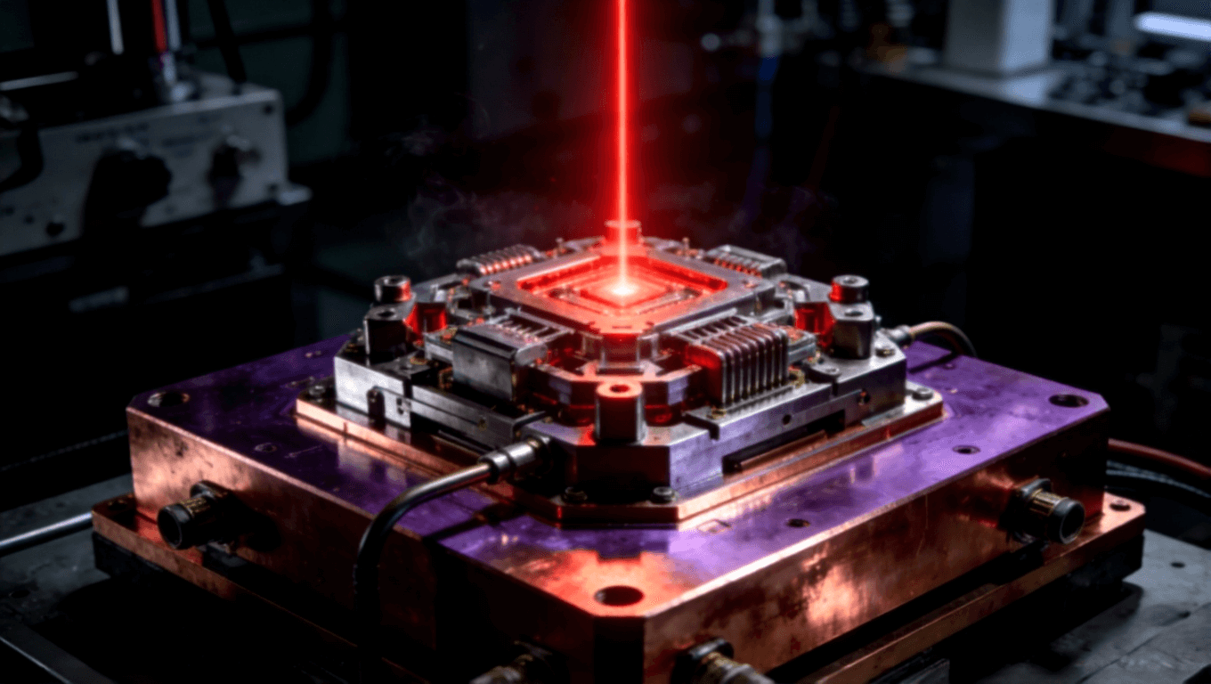 高功率工業(yè)激光器模塊特寫(xiě)，厚重銅基板作為核心散熱底座，發(fā)射出紅色激光束