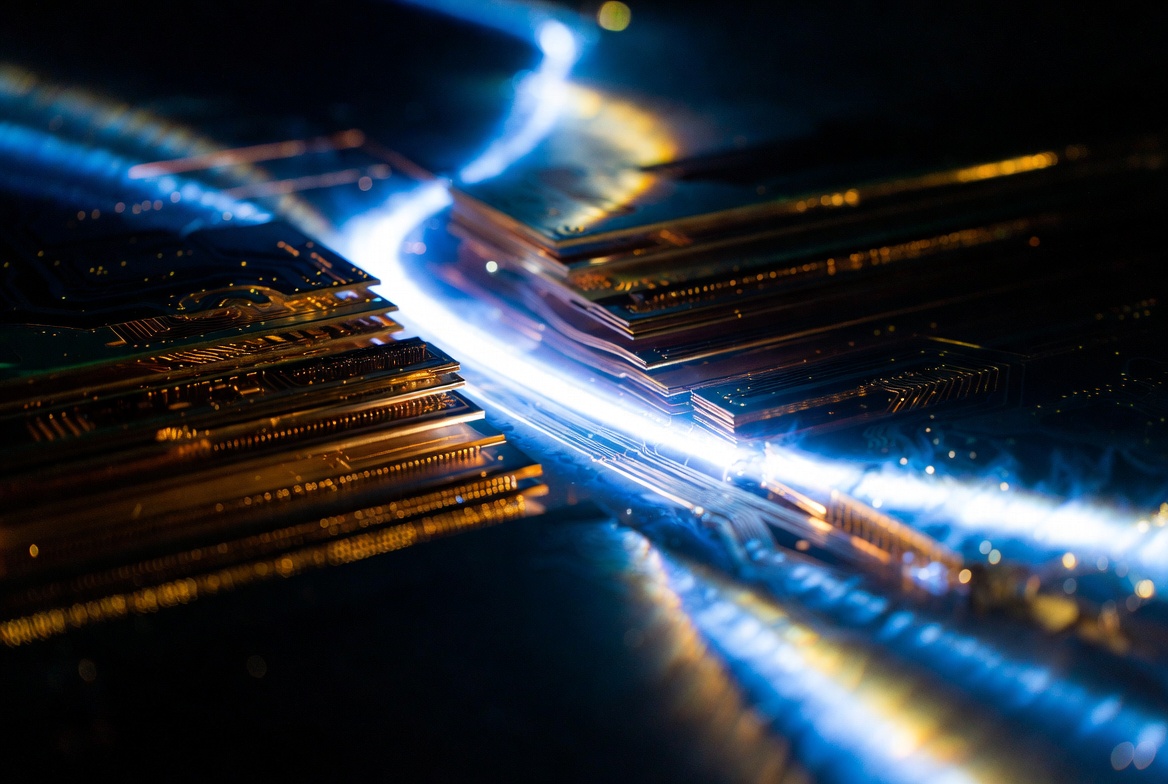 抽象光影表現(xiàn)PCB內(nèi)部信號(hào)因白斑缺陷發(fā)生衰減，象征白斑對(duì)高頻電路性能的影響