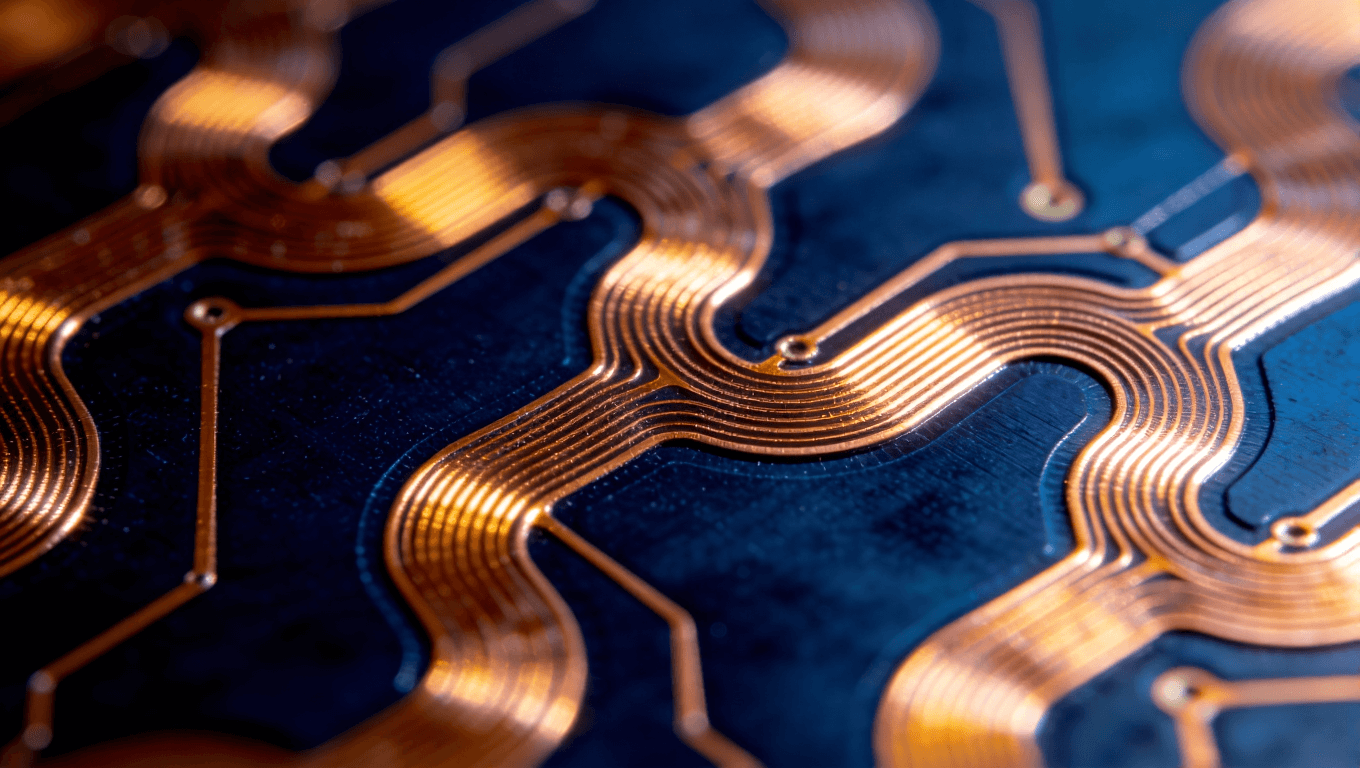 柔性電路板蛇形走線設(shè)計(jì)細(xì)節(jié)圖，展現(xiàn)金黃色銅箔在深藍(lán)基材上的波浪形布局