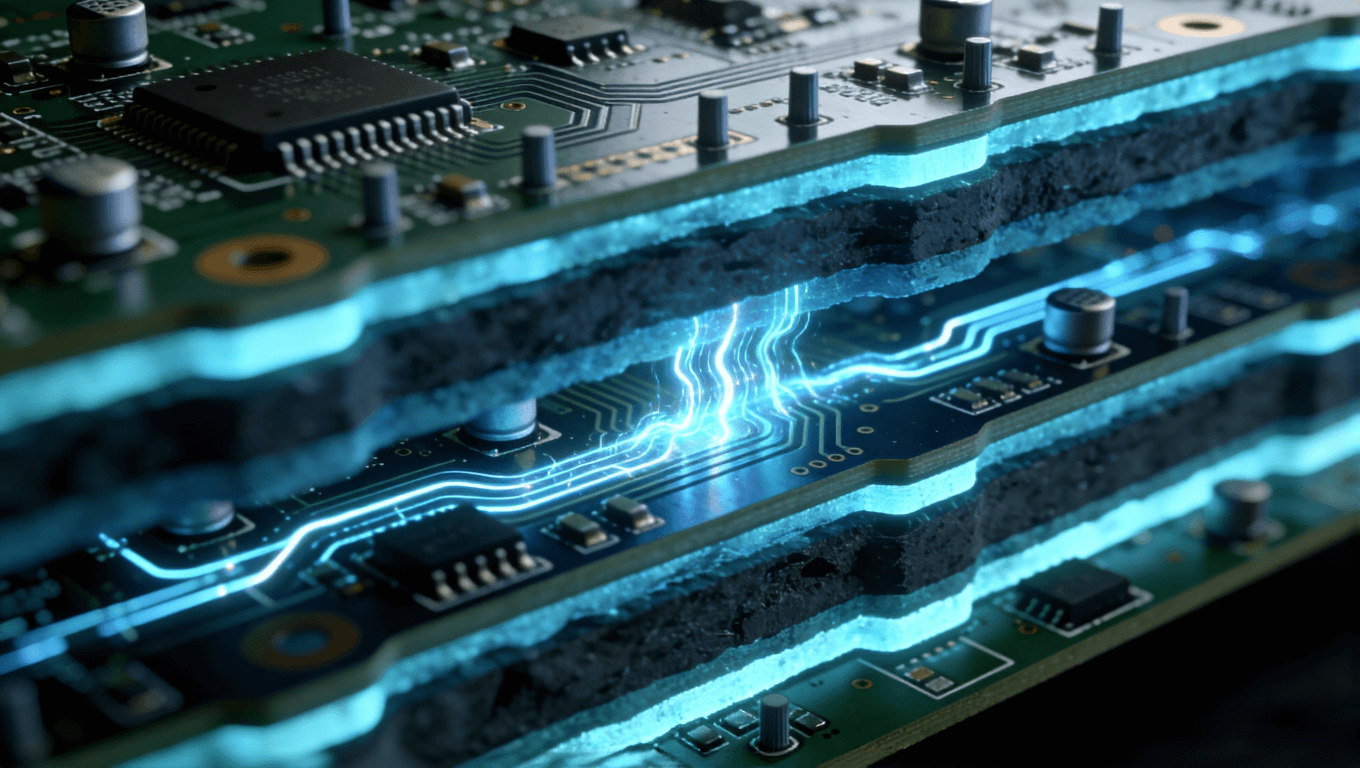 多層高頻PCB剖面視圖，展示電源層、地層結(jié)構(gòu)與去耦電容布局