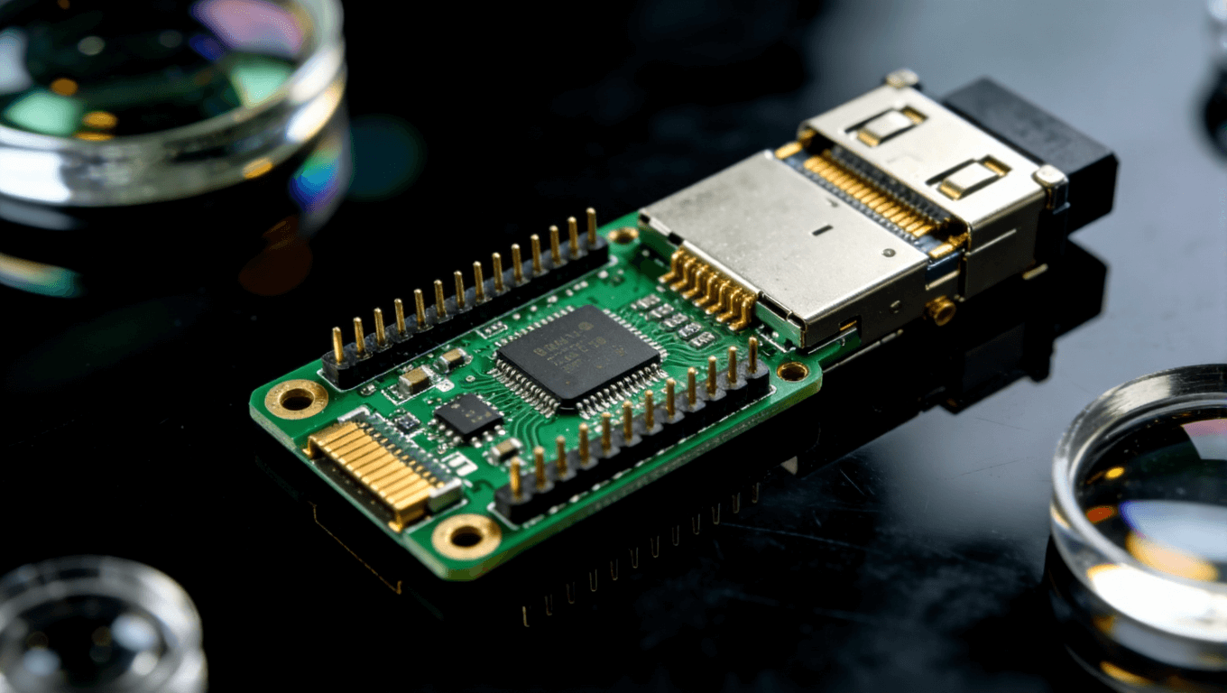 成品光模塊PCB展示，綠色焊盤(pán)與金色連接器，呈現(xiàn)高質(zhì)量制造工藝