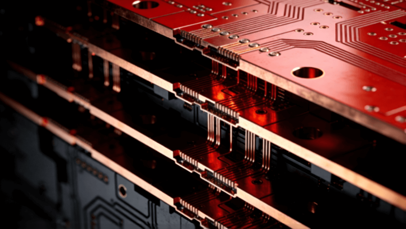 多層光模塊PCB內(nèi)部結(jié)構(gòu)抽象3D視圖，展示盲埋孔與厚銅工藝