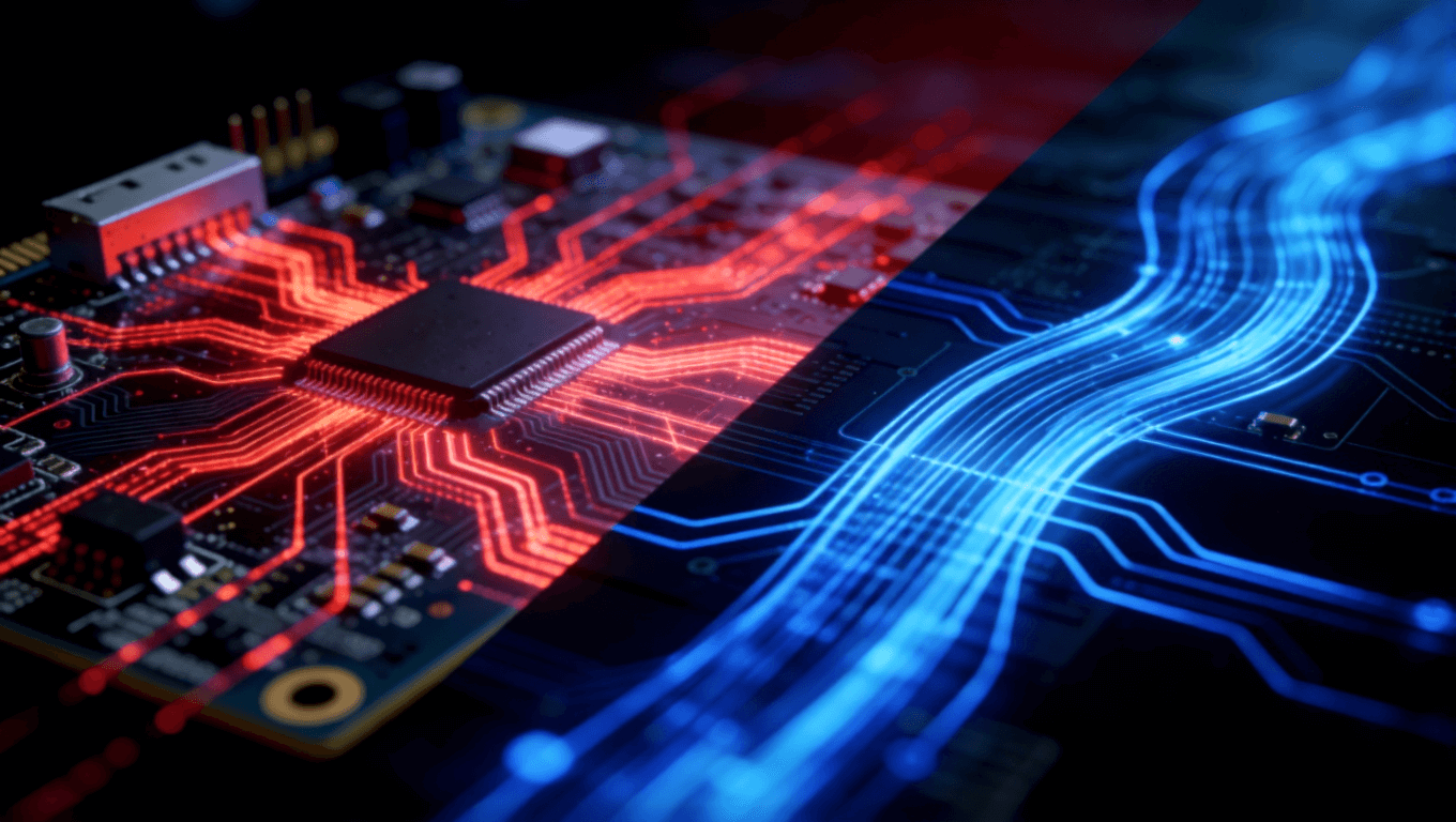 光模塊PCB信號(hào)完整性問(wèn)題與優(yōu)化方案對(duì)比圖，紅藍(lán)信號(hào)流視覺(jué)對(duì)比