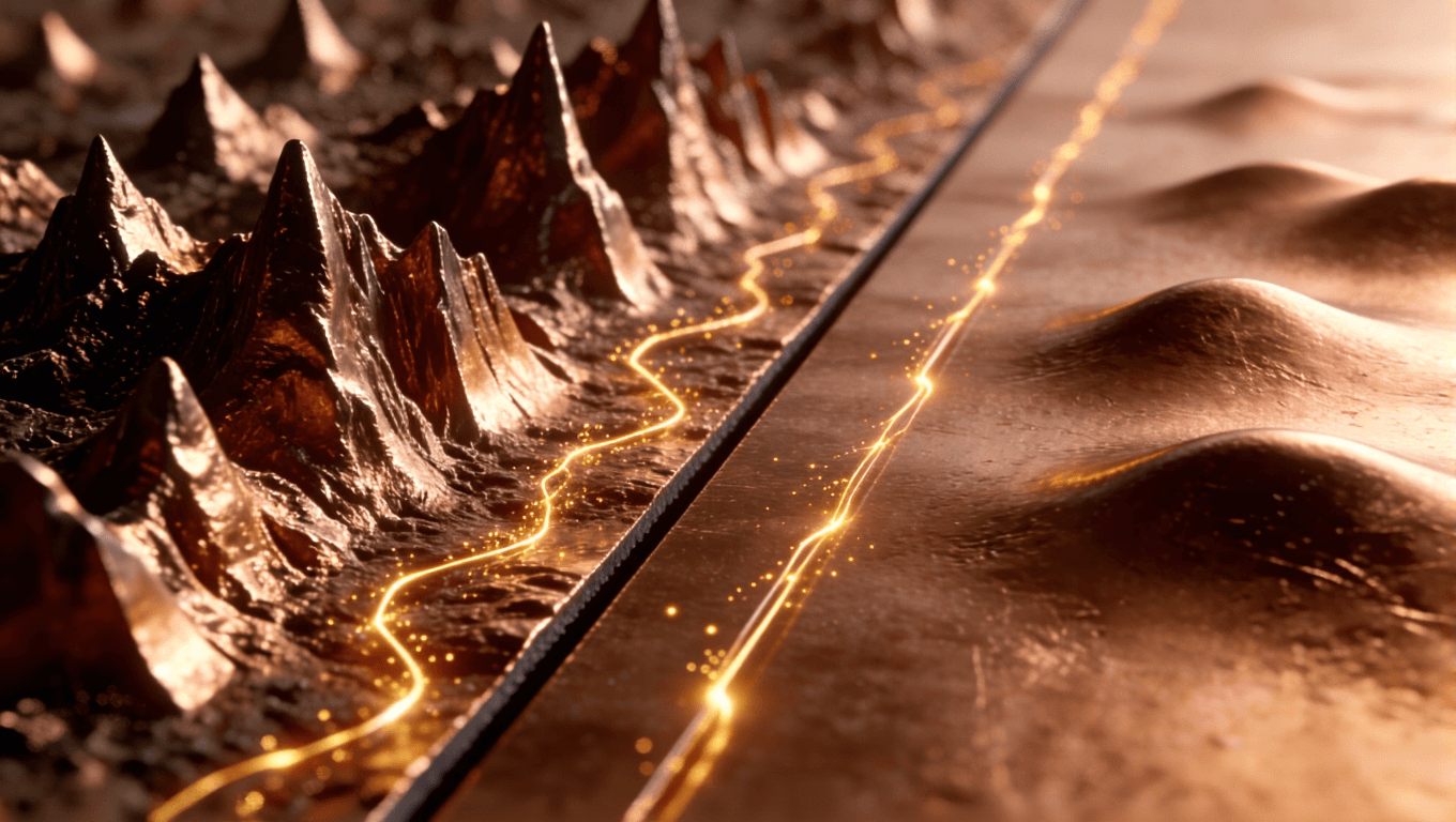 SEM風格3D渲染對比普通銅箔與VLP銅箔表面粗糙度對電流傳輸路徑的影響